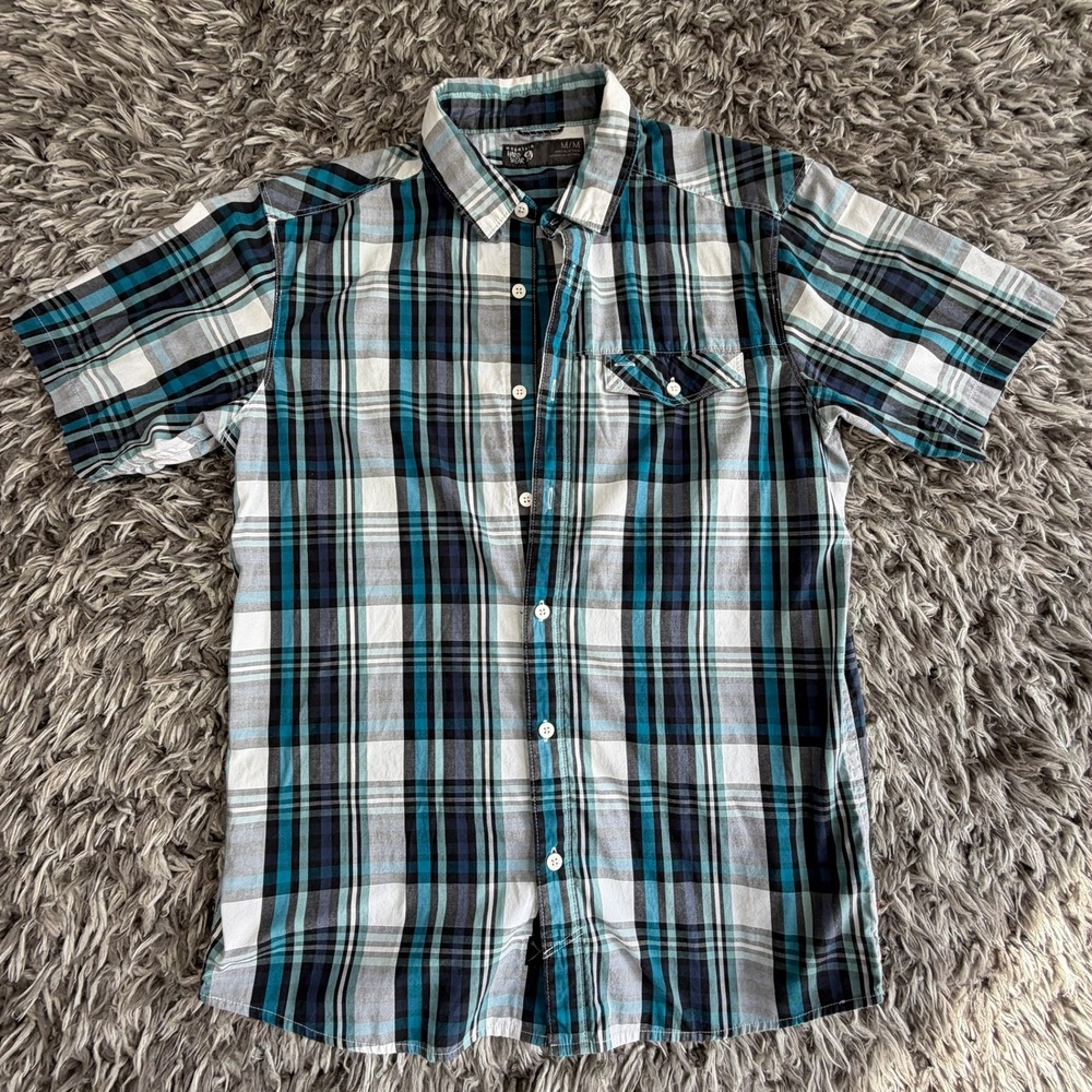 Mountain Hardwear Mens M Short Sleeve Plaid Button Up Shirt Teal Blue 3150